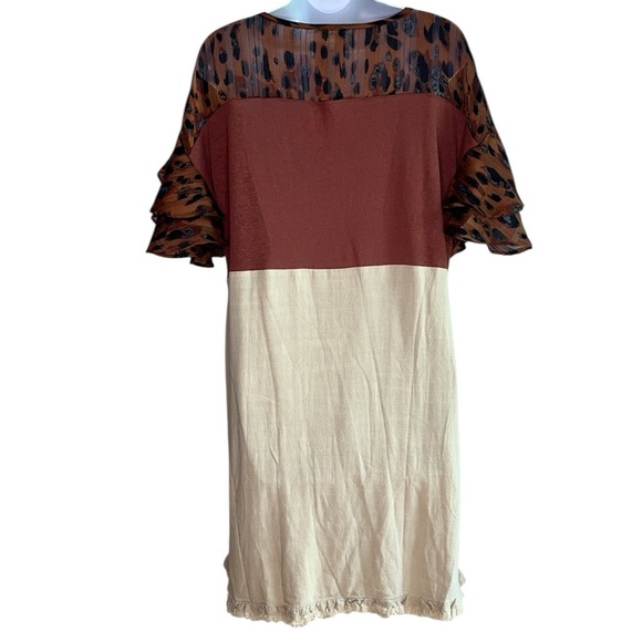 UMGEE Leopard Print Colorblock Dress Flutter Sleeves Linen Blend Rust Cream S - Picture 7 of 14